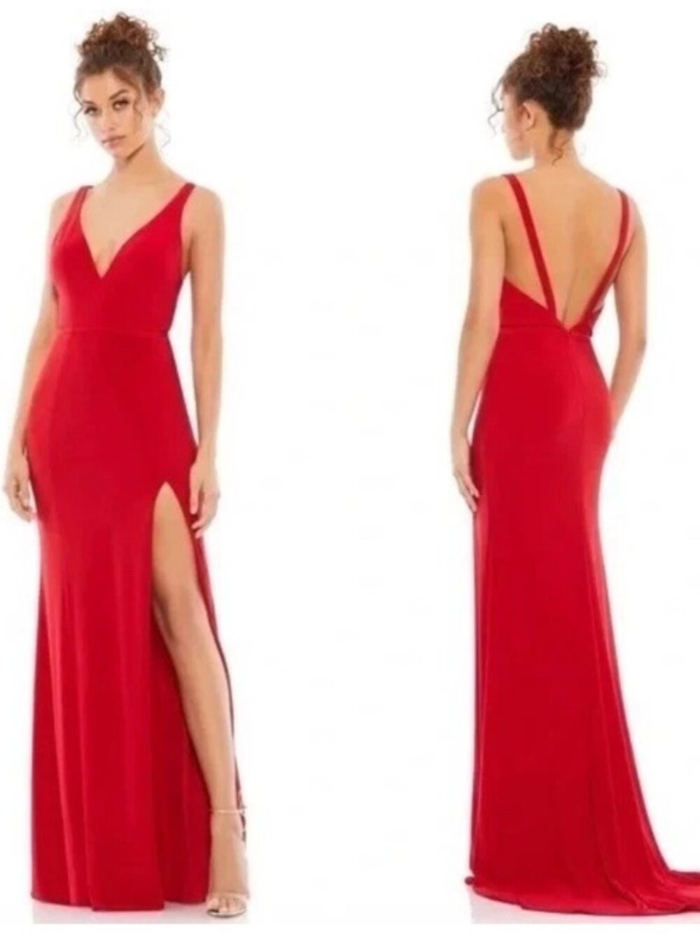 Mac Duggal Red V-Neck Maxi Gown with Leg Slit